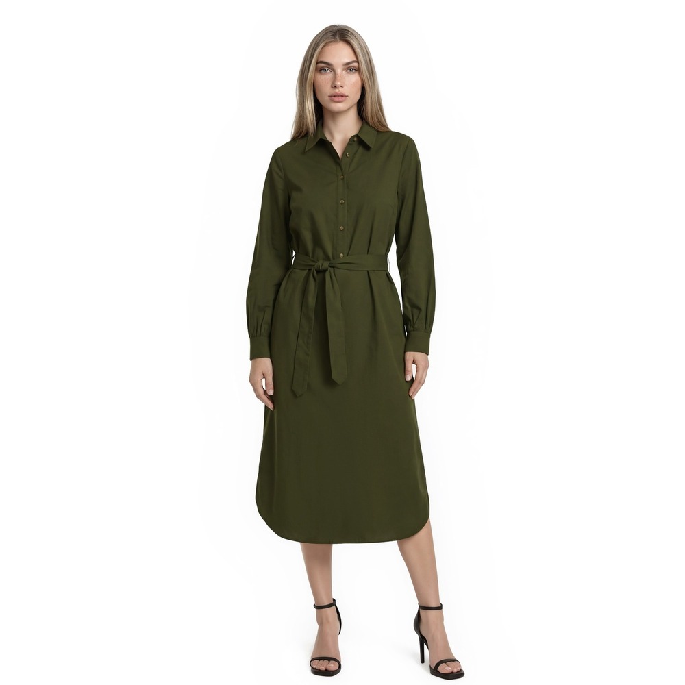 New Tuckernuck Midi Shirt Dress Womens Size Large Olive Green Long Sleeve Belted